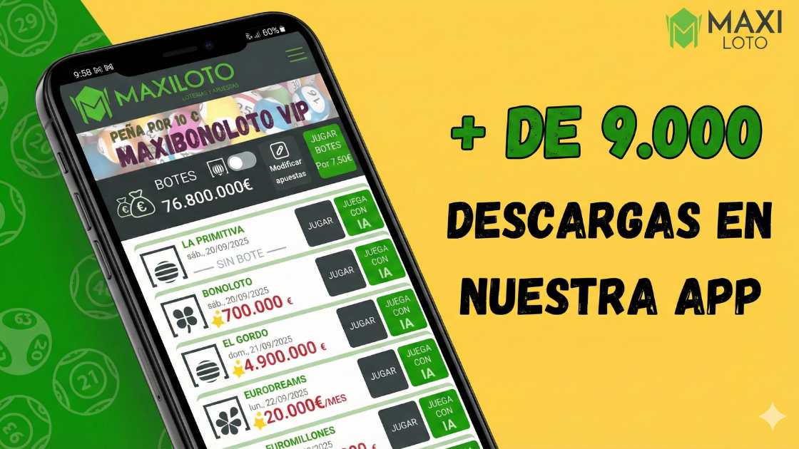 Maxiloto App: Más de 9.000 usuarios confían en la Lotería Oficial y Segura Gráfico promocional mostrando un smartphone con la interfaz de la App Maxiloto y el texto destacado '+ DE 9.000 DESCARGAS EN NUESTRA APP' sobre fondo amarillo corporativo con bolas de lotería.