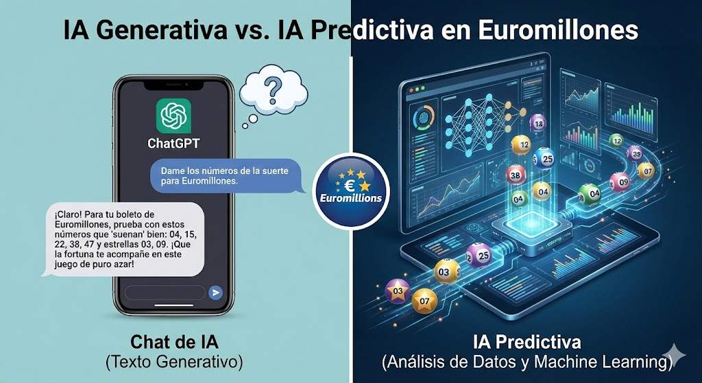 IA Generativa vs. IA Predictiva en Euromillones Infografía comparativa: A la izquierda, un Chat de IA generativo dando números de la suerte al azar. A la derecha, un sistema de IA Predictiva con análisis de datos y Machine Learning procesando Euromillones.