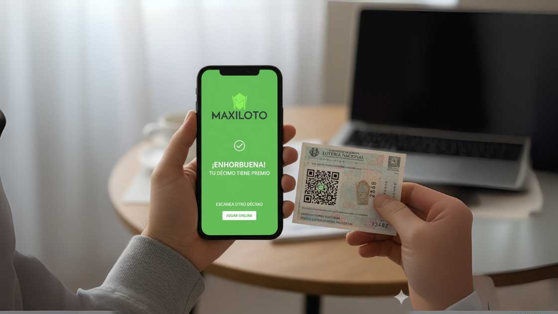 Escáner de QR para comprobar cualquier boleto de Loterías Una persona usando el escáner QR de la App de Maxiloto para comprobar un décimo.