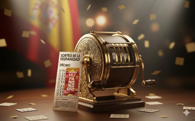 D&eacute;cimo del Sorteo de la Hispanidad junto a un bombo de loter&iacute;a.