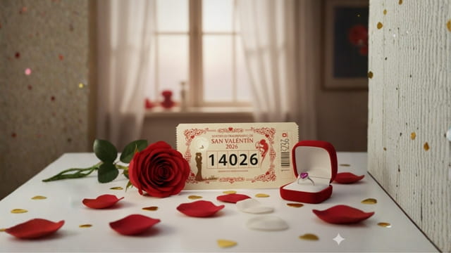 Official Valentine's Day Spanish National Lottery ticket with 5-digit number and romantic decoration.