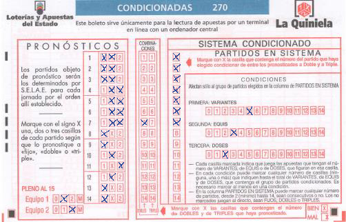 Ejemplo de boleto de quiniela condicionada - Loterías y Apuestas del Estado Ejemplo real de un boleto oficial de quiniela condicionada con múltiples columnas y condiciones aplicadas